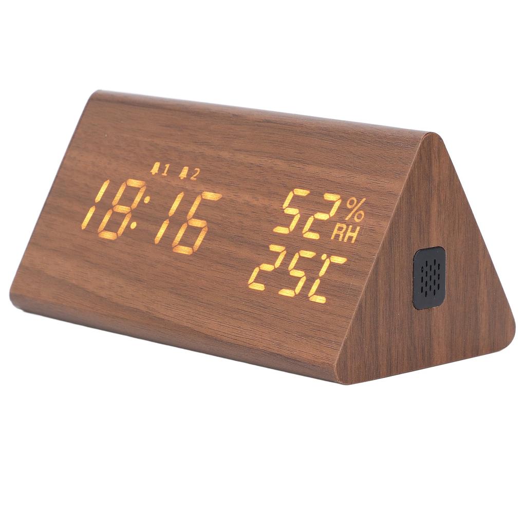 LED Digital Alarm Clock Multipurpose Wooden Clock with Voice Control Humidity Temperature Week Time Display Brown Wood