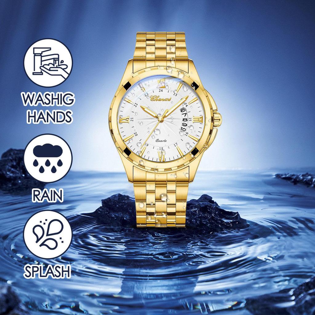 Watch Men Stainless Steel Calendar Gold 3ATM Water Resistant Luminous Analog Display Simple Fashion Quartz Watch Men Fashion Accessory - Birthday