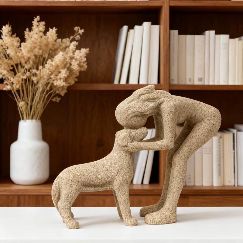A Woman Kissing a Small Dog Resin Figurine a Warm Pet Interaction Scene Sculpture Sandstone Resin Ornament