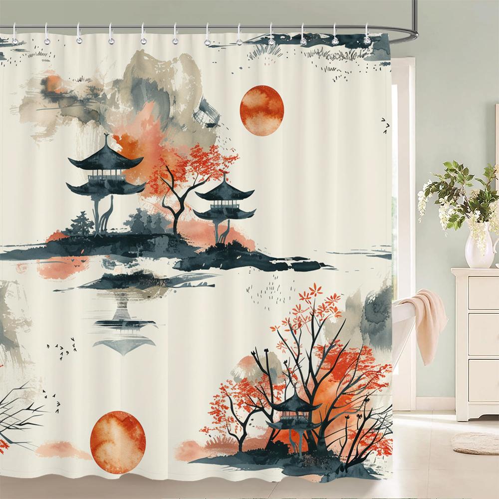 

Завіса для душу в японському стилі, 3d-фарба тушшю, завіса для ванної кімнати, водонепроникна з гачками, 180*240 см, поліефірна тканина. W120xH180cm