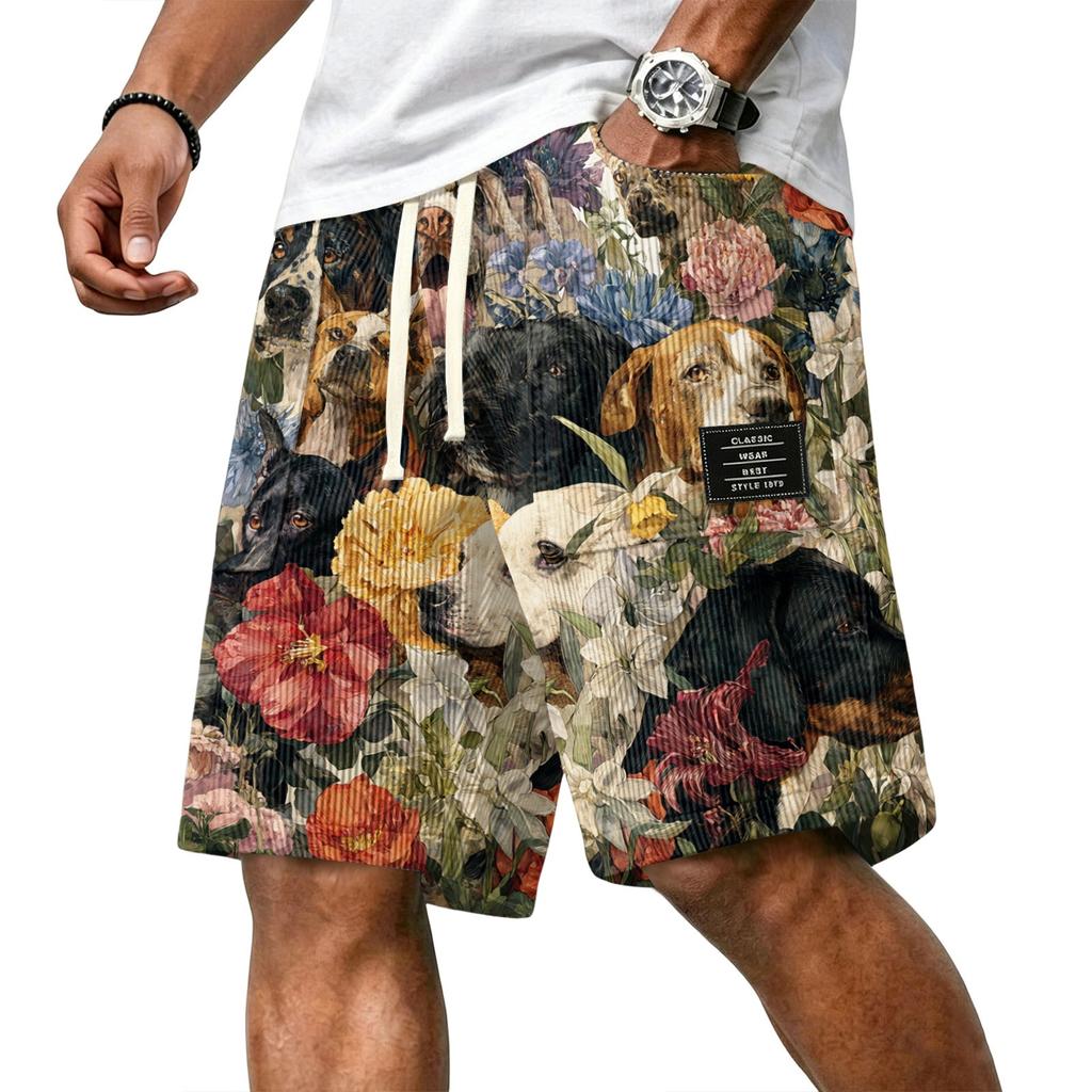 Men's Casual Corduroy Drawstring Shorts Hawaiian Style Floral Dog Print Lightweight Comfortable Fit Summer Beachwear