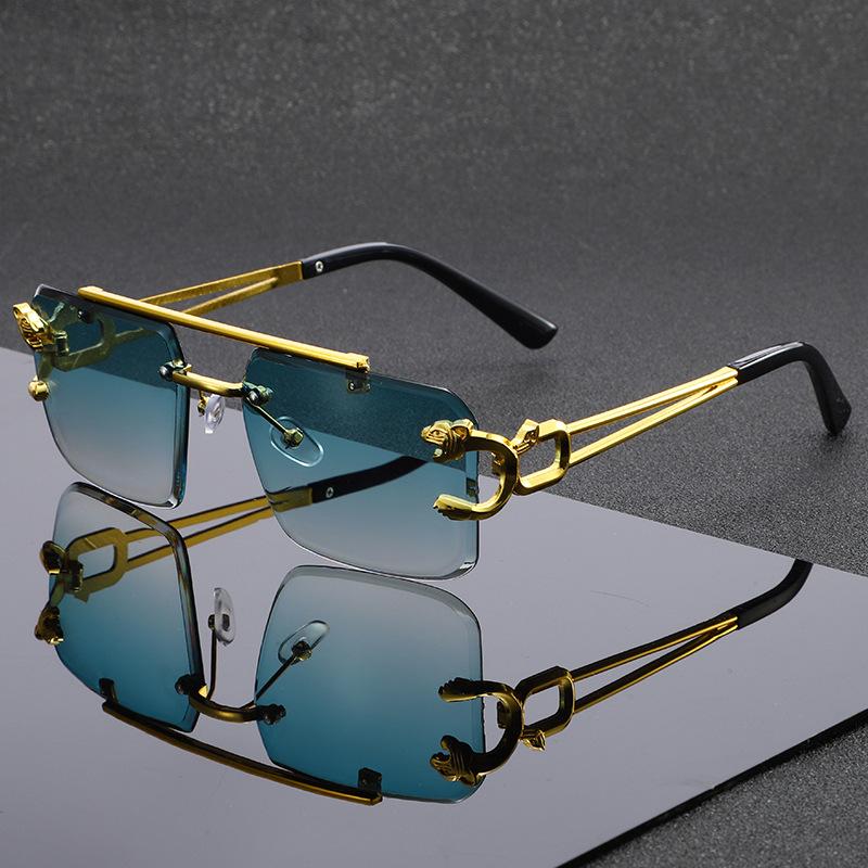 New European and American personalized box frameless double beam leopard head sunglasses fashionable driving sunscreen sunshade glasses