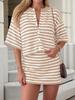 Women's Striped Knit 2 Piece Outfit Short Sleeve Button Cardigan and Mini Skirt