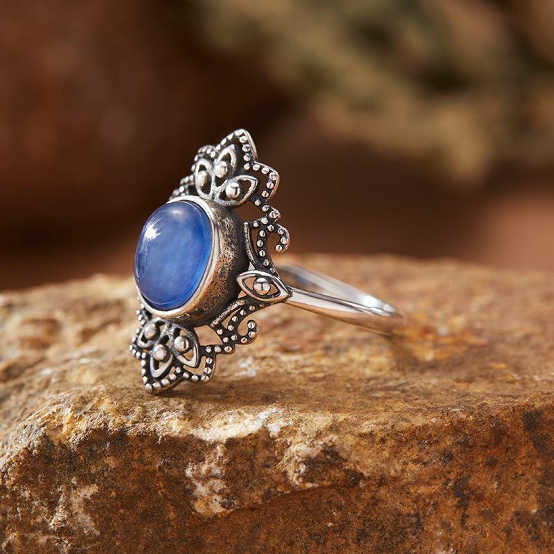 Personalized Retro Thai Silver Natural Colored Treasure Ring Female S925 Sterling Silver Court Pattern Advanced Sense Index Finger Ring