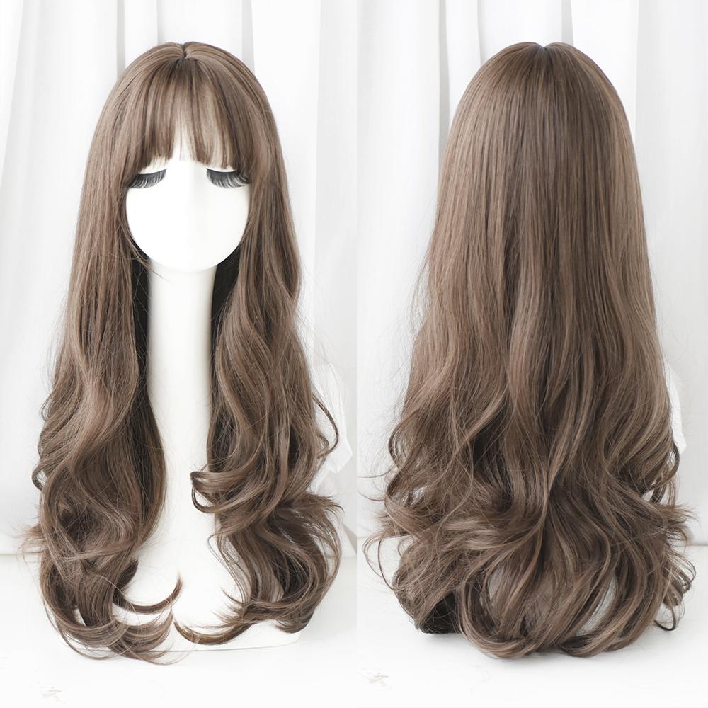 Lange Lockige Haare Damen Perücke mit Pony Täglich Braun Schwarz Rosa Lolita Cosplay Geflochtene Perücken Hitzebeständige Faser Party Kunsthaar
