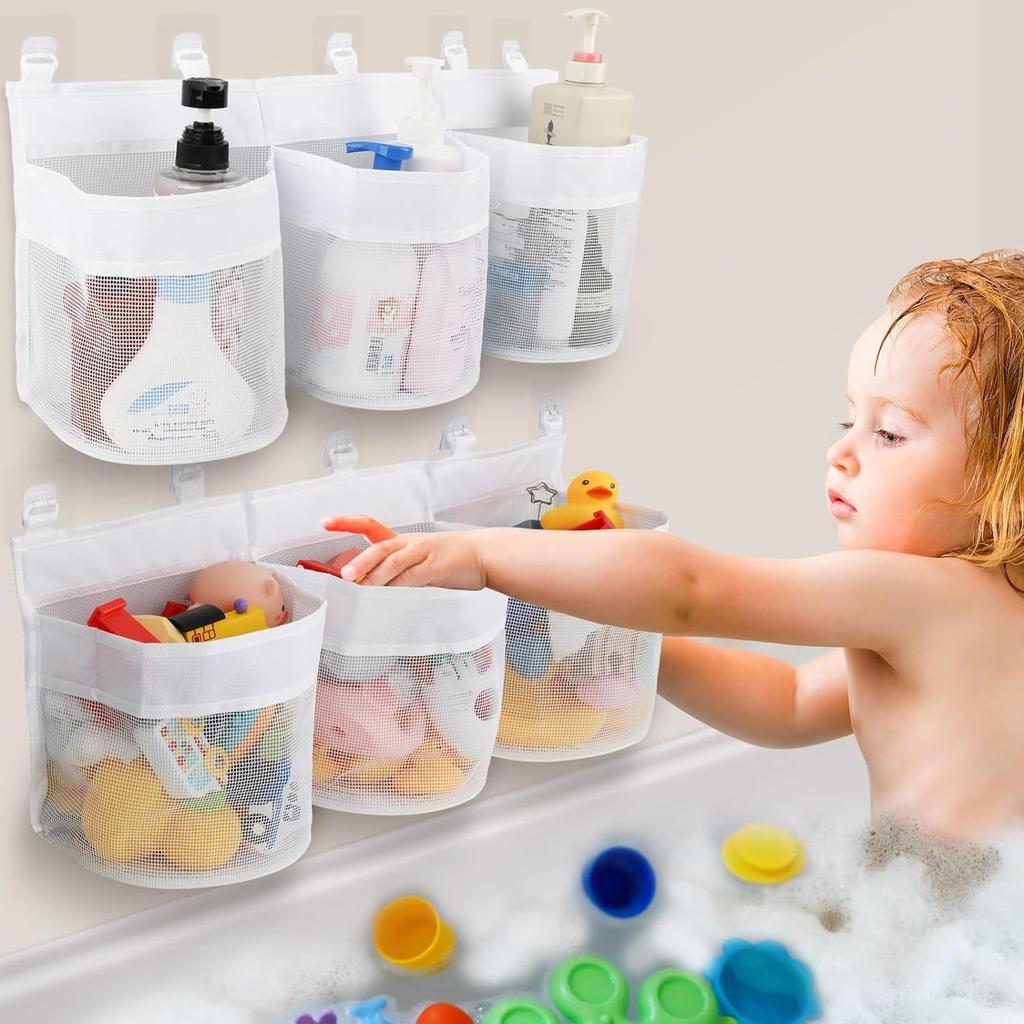 Bathroom Kids Toy Storage Bag - Multi-Compartment Wall Hanging Organizer with Drainage Holes, Large Capacity & Anti-Mold Mesh