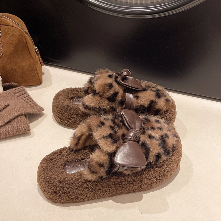 Thick-bottomed bag head, half slippers, cotton drag, one pedal, season thin, fashionable leopard print bow, and hair increase