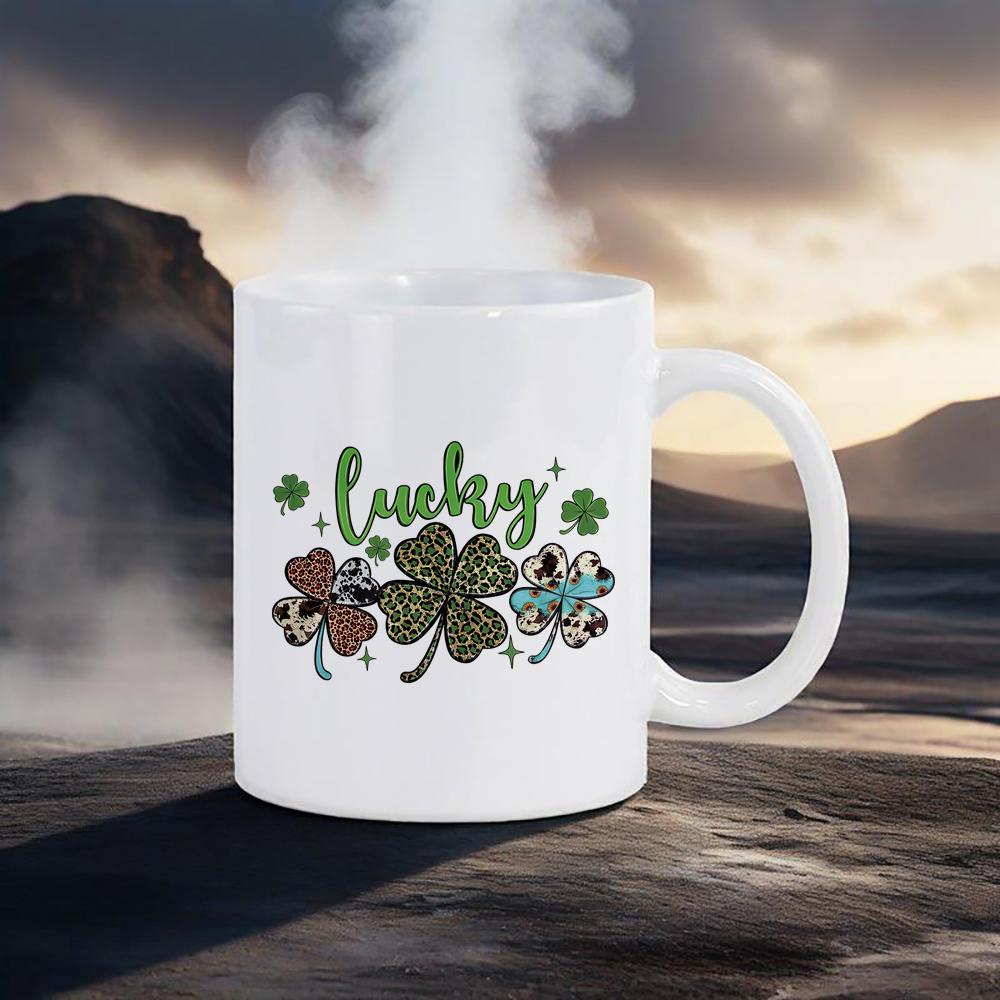 St.Patrick's Day Themed Mugs Green Pattern Coffee Mug 11 Oz Water Cups Four-leaf Design Breakfast Cup Cozy Gift for Family Tea