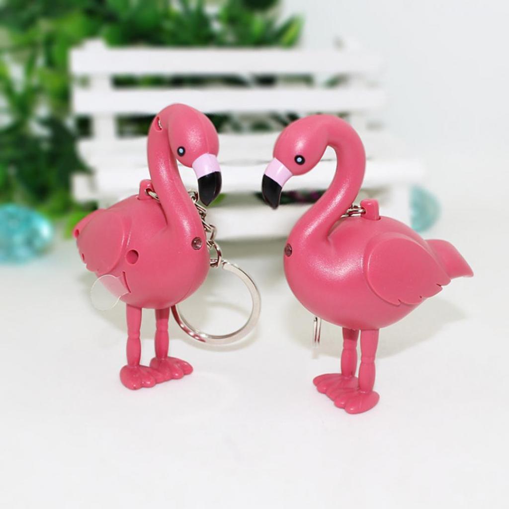 Cartoon Flamingo LED Flashlight Sound Keychain Key Ring Bag Hanging Pendant Gift