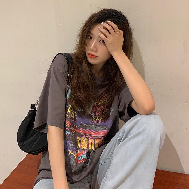 T-Shirt im koreanischen Stil mit Retro-Print, lockere Passform, kurze Ärmel für Damen - Übergröße, Frühjahr 2023