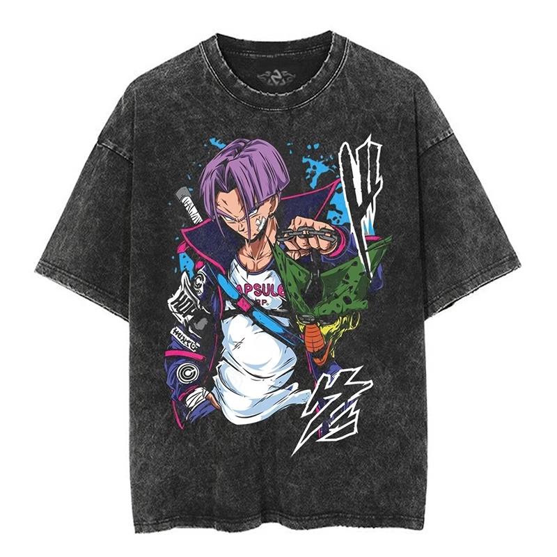 T-shirt a maniche corte lavata effetto invecchiato Giapponese Classico Dragon Ball Goku Cartone Animato Anime Oversize High Street Vintage Uomo e Donna