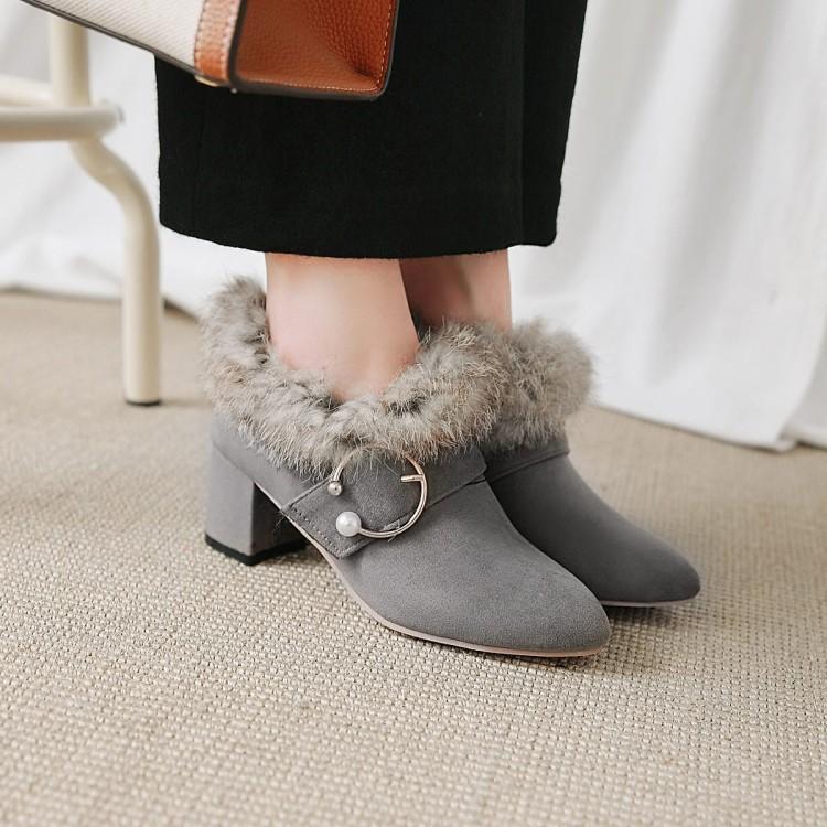 Autumn medium heel short boots women's boots fluffy neckline large size - metal beads Chengdu women's shoes