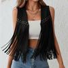 Fashionable Retro Fringed Vest Black/Brown Rivet Detailing Suede Vest Open Front Women'S Vest For Women