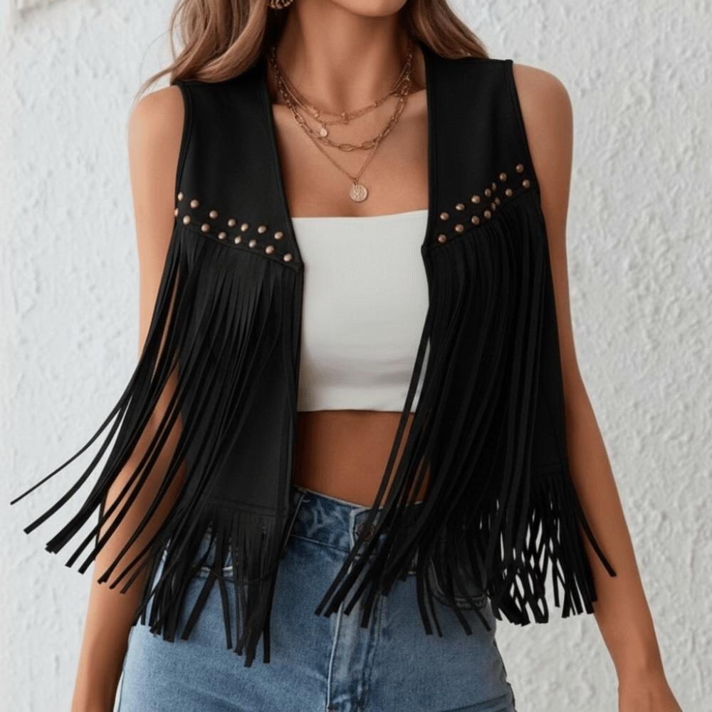 Fashionable Retro Fringed Vest Black/Brown Rivet Detailing Suede Vest Open Front Women'S Vest For Women