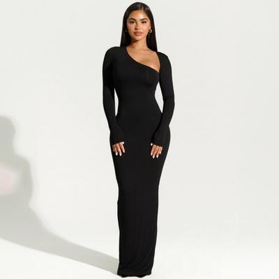 Robe de Soirée Noire pour Femmes Élégante Tenues d'Automne Hiver Asymétrique Manches Longues Soirée Club Nuit Robes Maxi Fendues