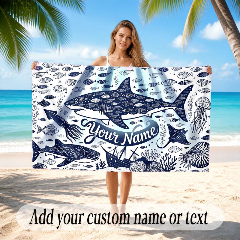 Fish Ocean Theme Beach Towel Personalized Custom Name & Text Soft Quick Dry Beach Towel for Swimming Travel
