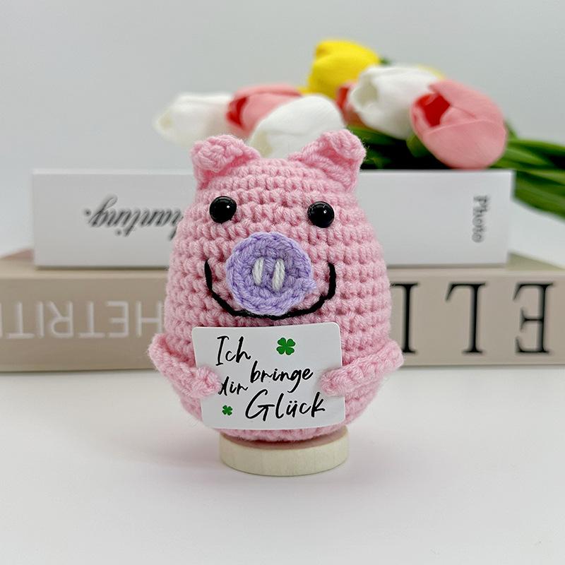 Funny Positive Crochet Cow Doll Desktop Ornament Handmade Cheer Emotional Support Positive Cow with Card Home Party Decoration