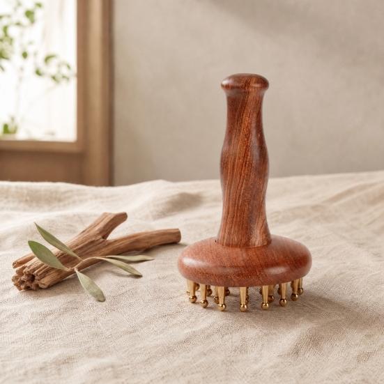 Copper Massage Brush, Gua Sha Comb with Wood Handle And Brass Balls, Brass Massage Tool, Facial Massager for Face, Jawline, Scalp, Eye Care, Body
