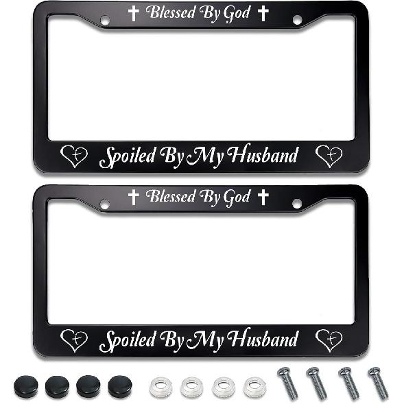 Getaway Car License Plate Frame,2 Pack License Plate Frame Car Universal Stainless Steel Accessories Cars Decor 2 Holes Screws Fits Standard US Blessed By God