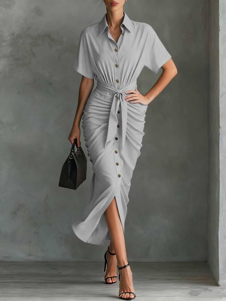 Vintage Women Pleated Short Sleeve Button Down Shirt Dress Fashion S