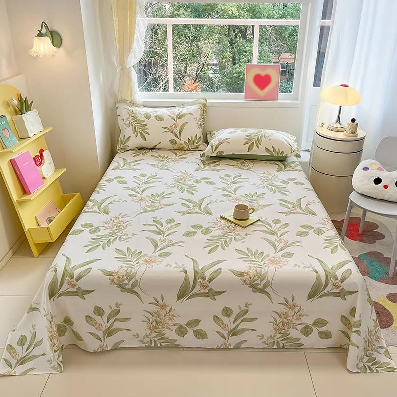 Botanical Floral Flat Sheet Twin Queen Garden Flower Bed Sheet Set Soft Cotton Pastoral Wildflowers Bed Cover with 2 Pillowcases