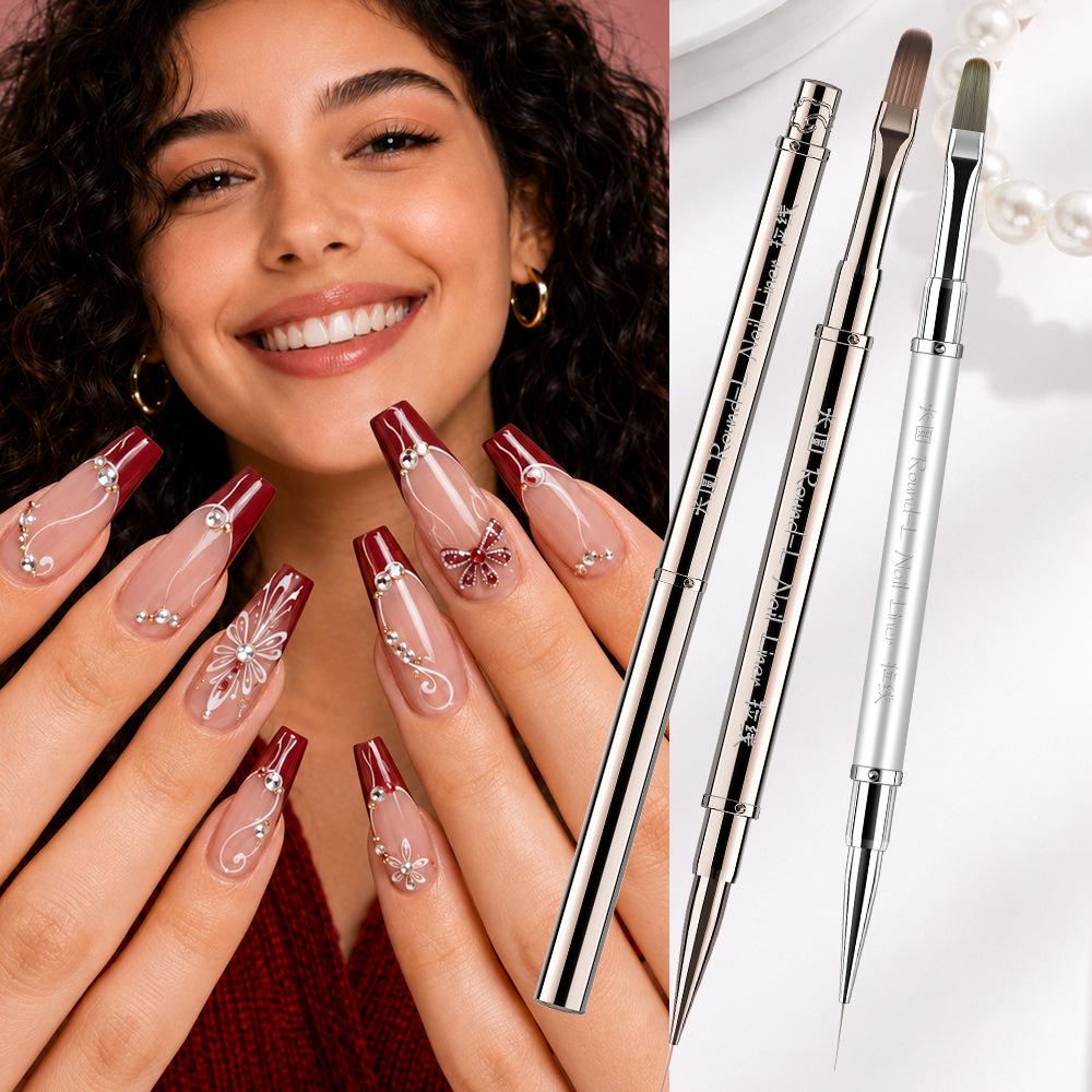Dual-Ended Nail Art Brush Set: Long Builder & Round Gel Polish Pen with Liner Brush for Shaping and Application.
