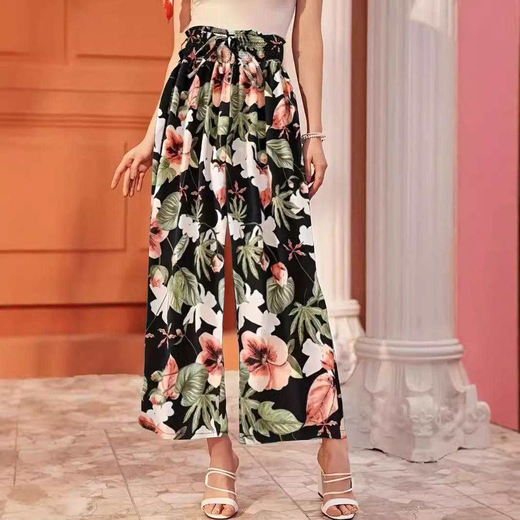 Women S Casual Floral Straight Leg Pants Spring Summer Thin Elastic High Waist Slimming S чёрный