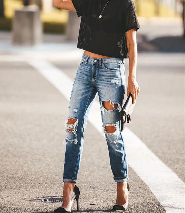 Women s European and American Ripped Skinny Jeans 2XL