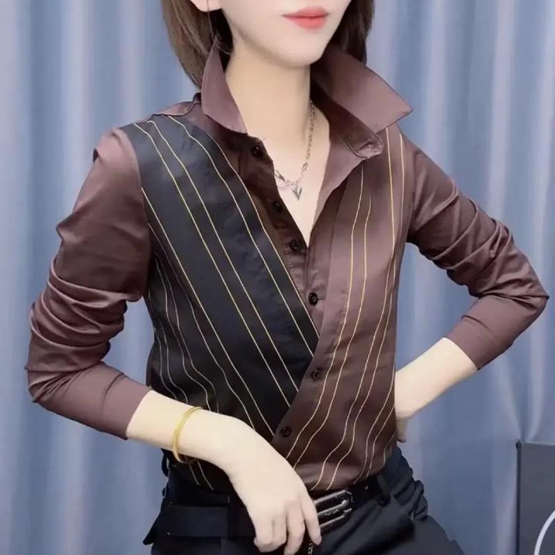 Spring Autumn New Fashion POLO Collar Long Sleeve Striped Women's Button Temperament Thin Shirts