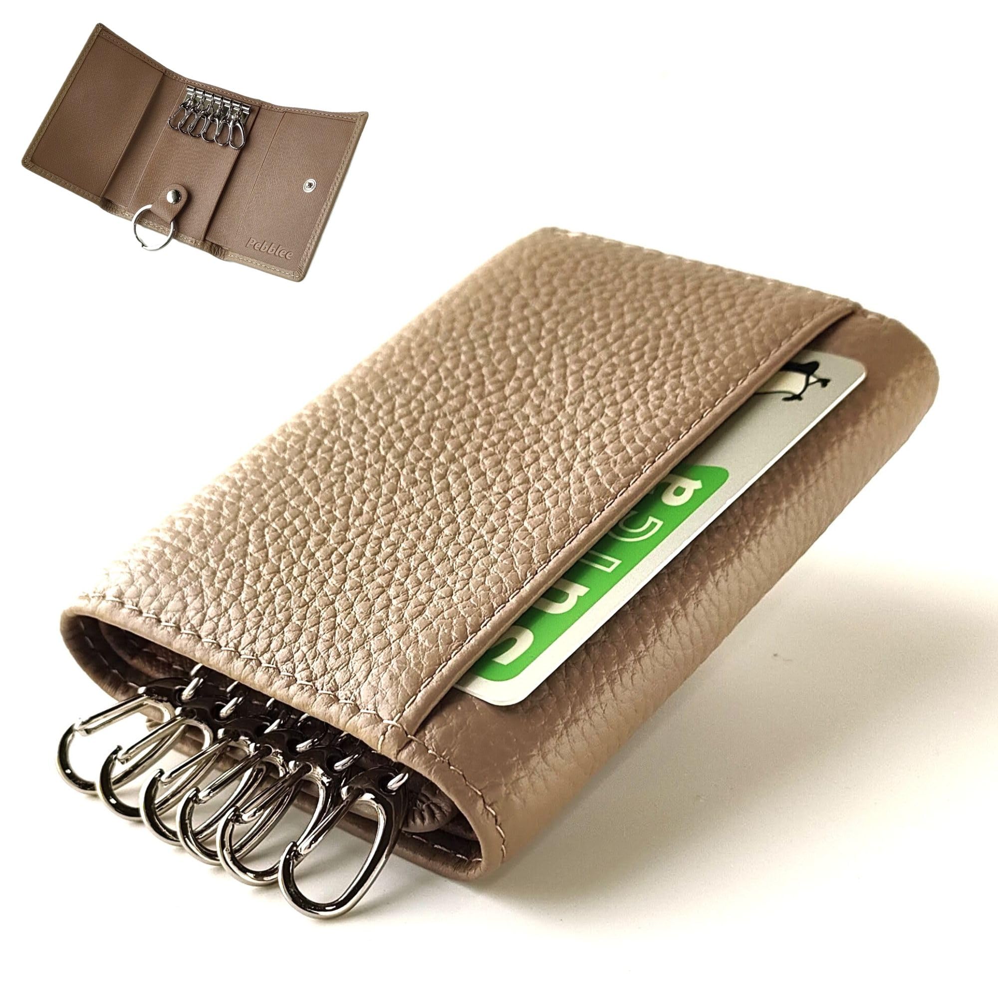 

Pebblee Women s 6-Pack Genuine Leather Key Case, Card Case, Pass Case, Wallet with Detachable Key Ring (Smoky Beige)