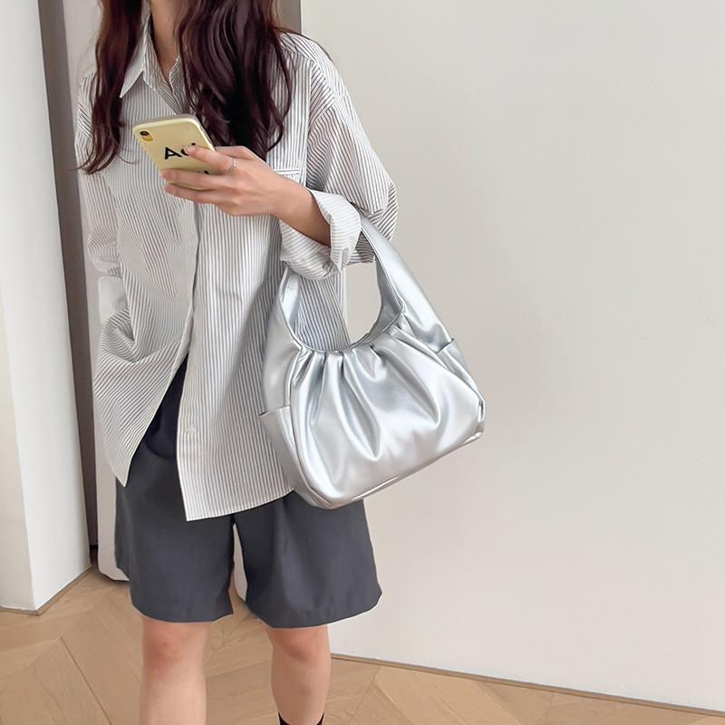 IELGY Ladies Underarm Bag Soft Leather Texture Pleated Handbag