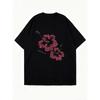 Black Oversized T Shirt With Pink Hibiscus Flower Print And Text For Casual Wear