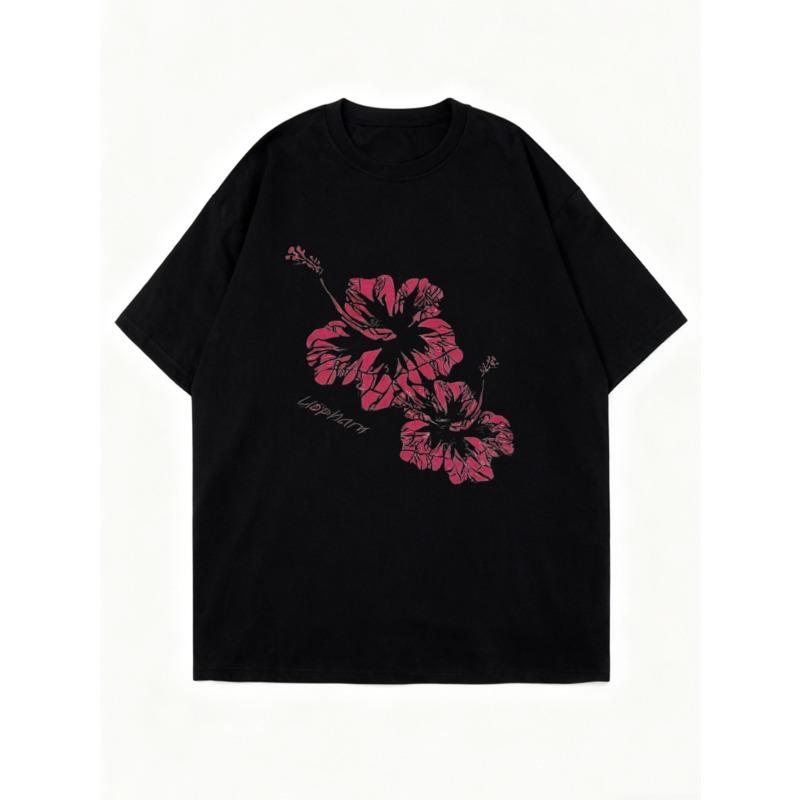 Black Oversized T Shirt With Pink Hibiscus Flower Print And Text For Casual Wear