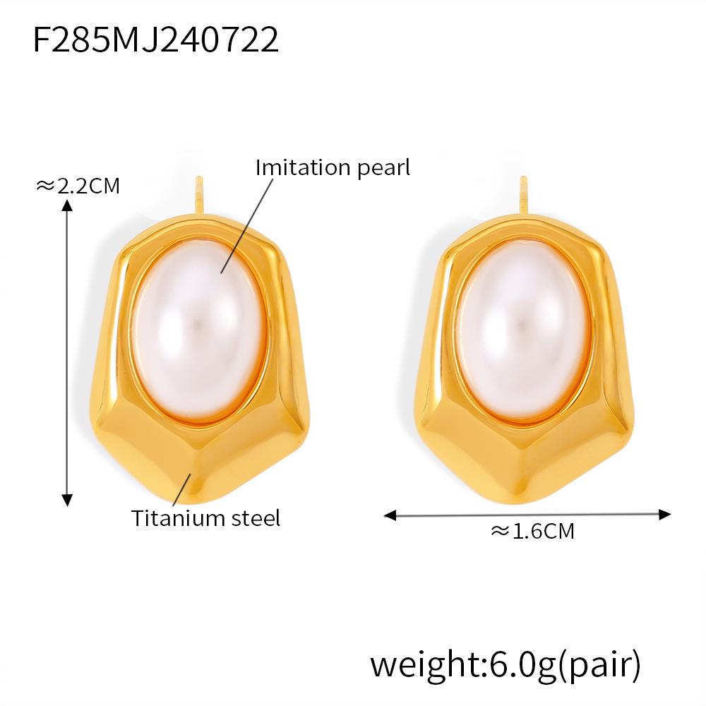 European Geometric Hexagon Stud Earrings with Imitation Pearl in 18K Gold Plated Titanium Steel