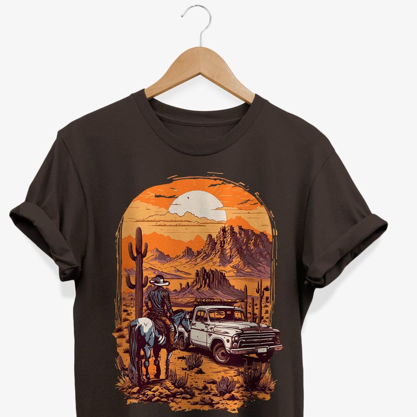 Retro Cowboy Sunset T-shirt: Vintage Western Desert Graphic Tee XL