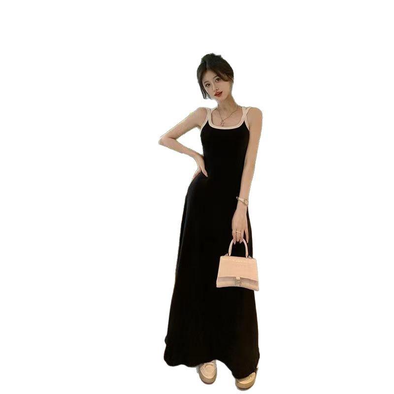 Black suspender dress women's summer new American Spice Girl long French coffee break skirt waist temperament suspender skirt