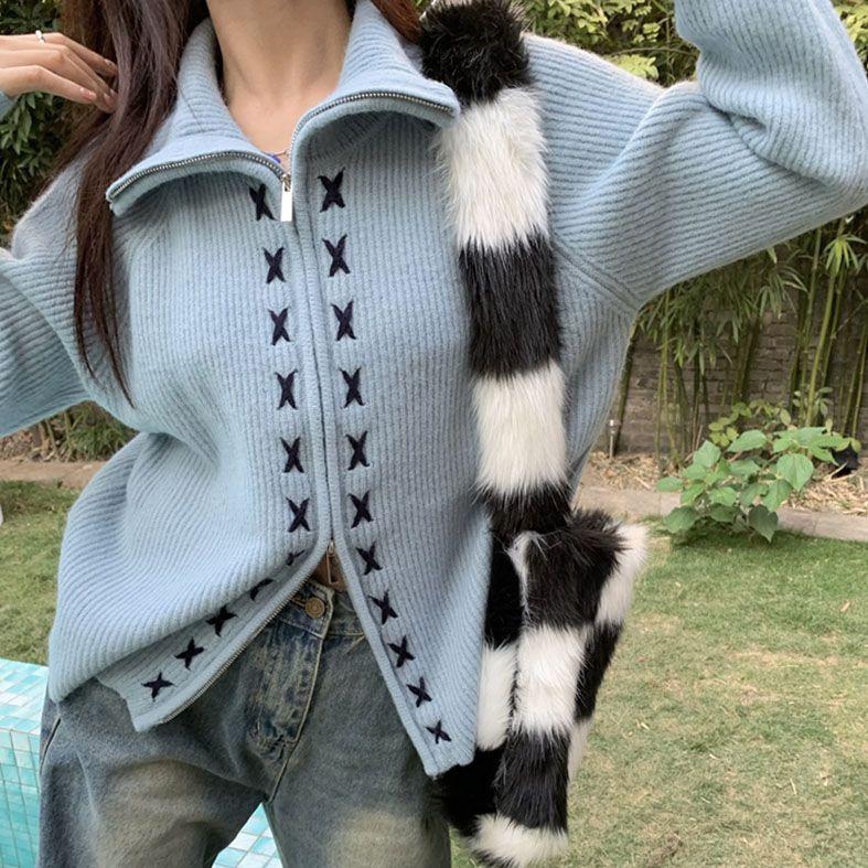 

Harajuku кардиган на молнии женский винтажный вязаный свитер большого размера корейская мода с v-образным вырезом повседневные топы Y2K уличная одежда Kpop