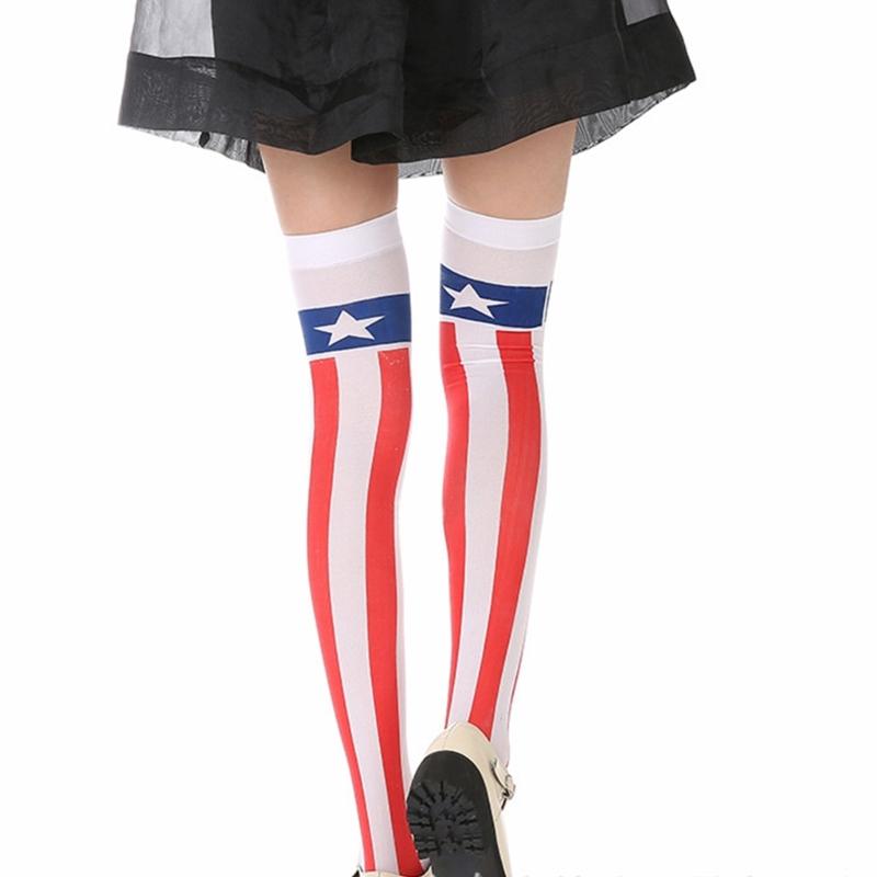 Women American Flag Star Striped Printed Over Knee Long Socks Thigh High Stockings for Independence Day Cosplay Costume