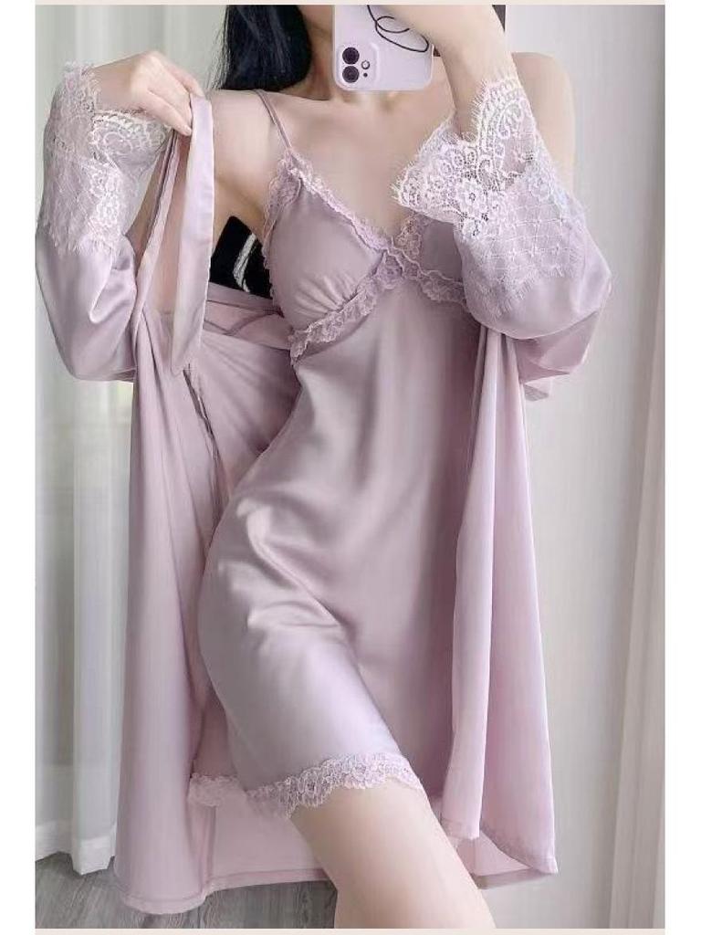 Set de pijamale din dantelă din mătase de gheață: Cămașă de noapte și halat de vară cu cupe