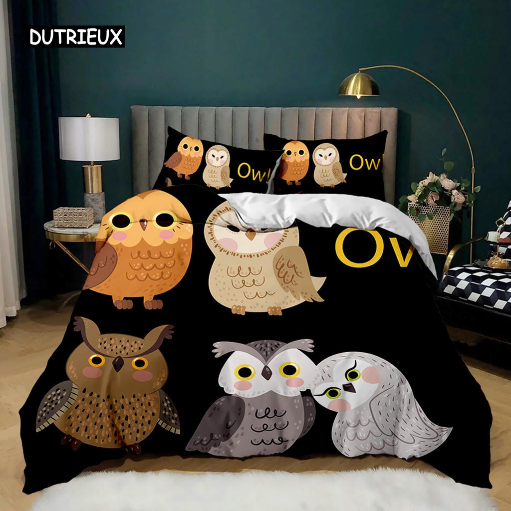 Owl Duvet Cover Adorable Cartoon Soft Microfiber Bedding Set Twin Double Queen King Size Animal Theme