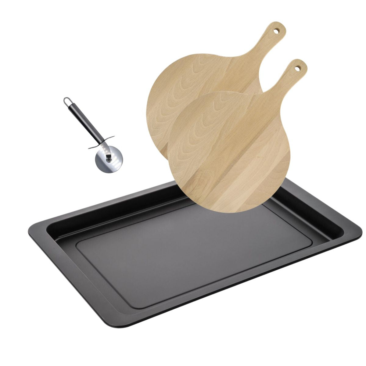 Ensemble pour pizza avec une plaque de cuisson four, 2 planches à pizza rondes et une roulette à