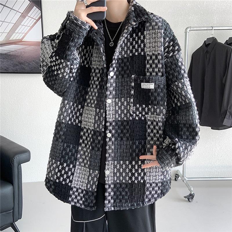 Men's Plaid Tweed Jacket Casual Button Down Shacket Coat Long Sleeve Loose Fit Streetwear Autumn Winter Fashion Outerwear