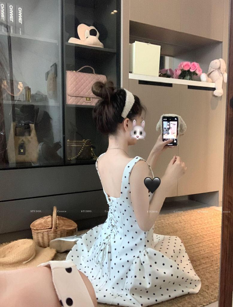 White Polka Dot Strappy Dress: Backless, Waist-Slimming, Puffy Skirt for Women