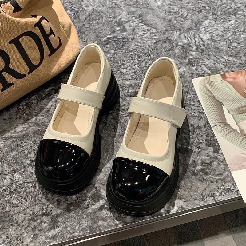 Fashion Mary Janse Leather Shoes for Women 2024 Spring Autumn New Designer Chunky Heel Casual Shoes Female Increase Pumps Ladies