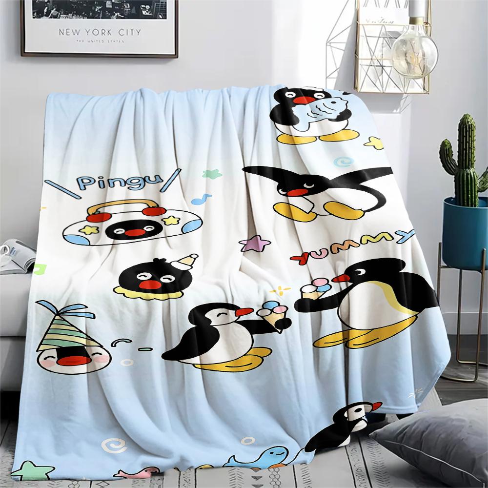 1PC PINGU Print Flannel Blanket, High Quality All Seasons, Home Decor, Warmth and Comfort, Perfect for Christmas Gifts