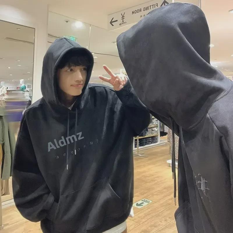 2023 Men's Trendy Letter Print Hooded Sweatshirt - Hong Kong Style, Loose Fit for Spring & Autumn