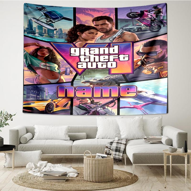 Custom Name GTA 6 Print Tapestry, Backdrop, Easy Setup, Ideal for Bedroom, Office & Living Room, with Aesthetic Wall Hanging Decor.