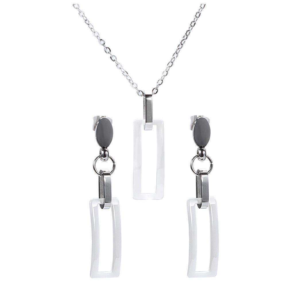 European Black & White Ceramic Jewelry Set: 3D Hollow Stainless Steel Necklace & Earrings