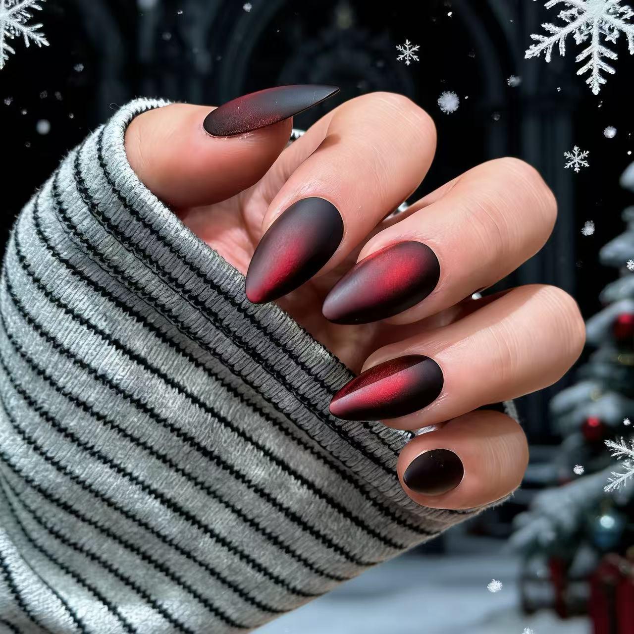 24 шт. Осенне-зимние матовые красные и черные градиентные ногти  Кошачий глаз  со стеклянными бусинами