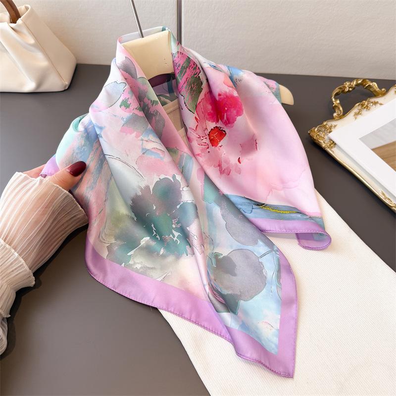 Art oil painting style simulation silk printing square scarf shawl scarf high-end neck small square scarf headscarf silk scarf